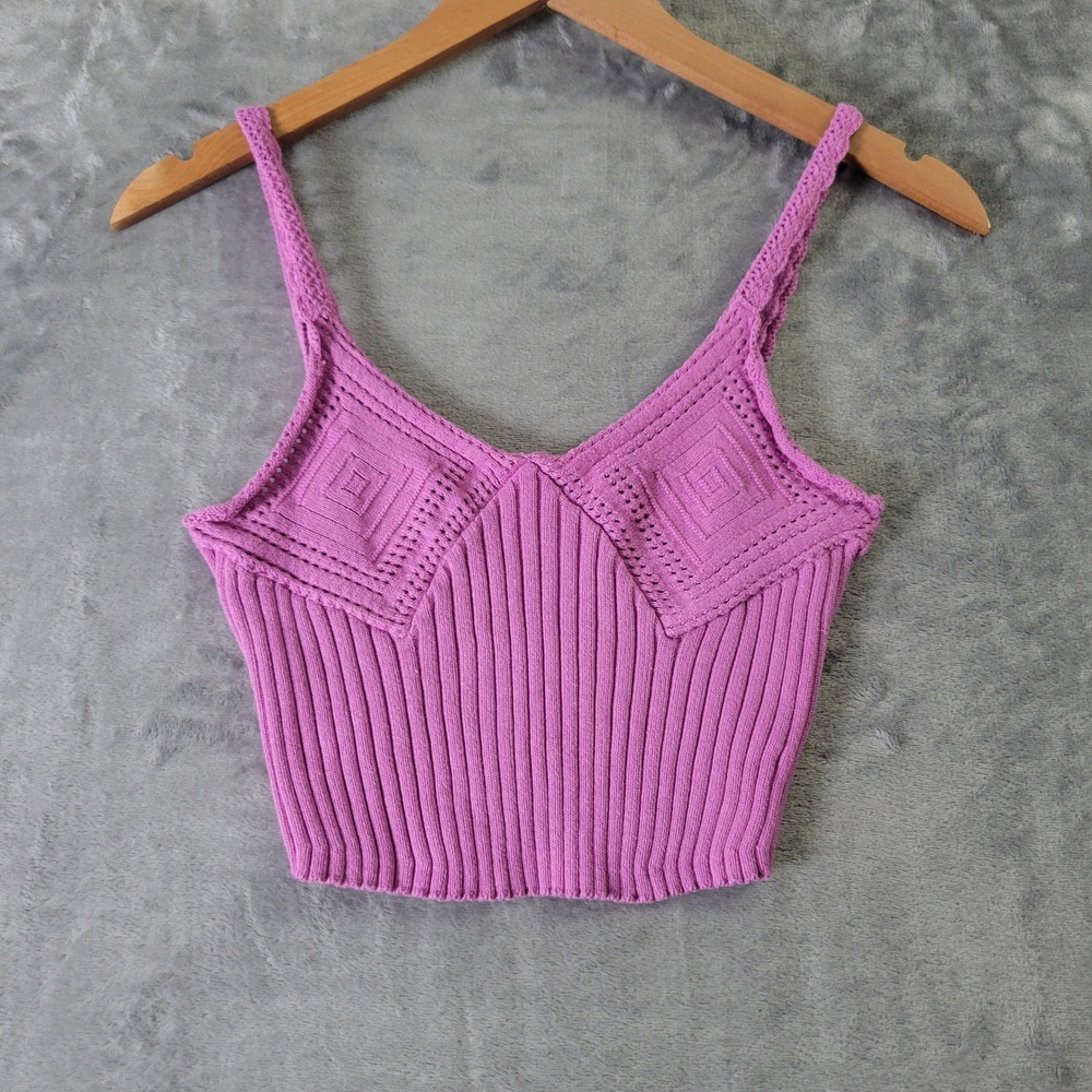 Free People Magenta Pink Ribbed Knit Crop Tank Top Small Granny Square Crochet